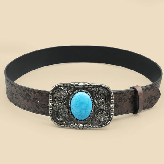 Brown Vintage Western Women's Belt - Carved Blue Turquoise Buckle, Versatile for Dresses, Jeans & Shirts