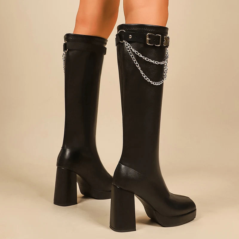 Metal Chain Chunky High Heels Knee The Boots Women Punk Belt Buckle Platform Long Boots Woman Goth Thick Heeled Pu Leather Botas