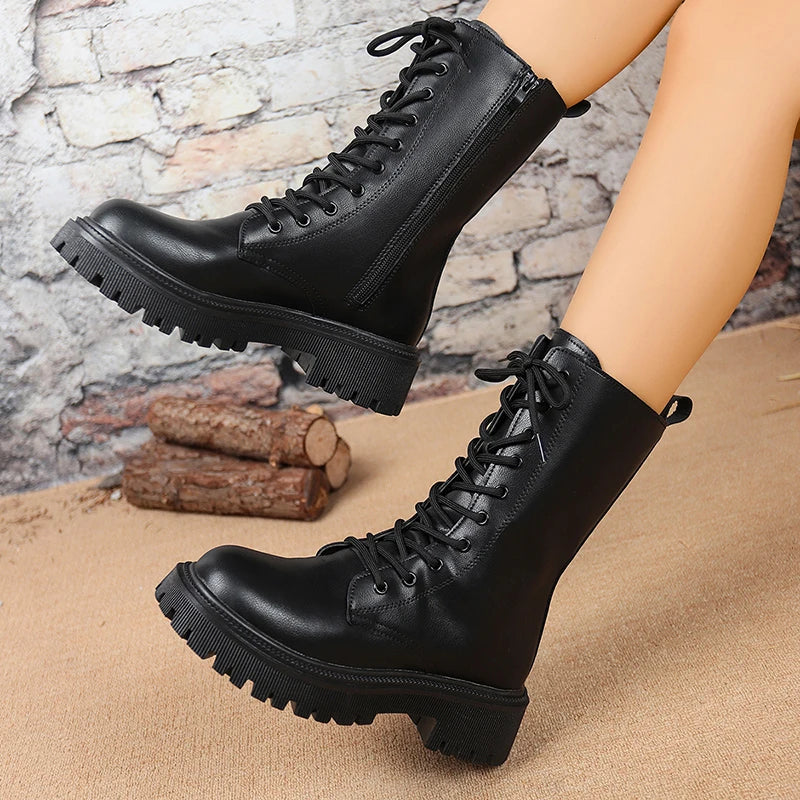 British Style Black Mid Calf Boots for Women Pu Leather Thick Heels Motorcycle Botas Mujer Autumn Winter Lace Up Boots Woman