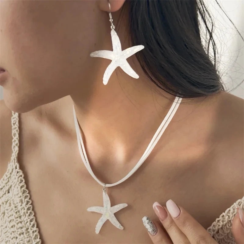 Trendy Boho Summer Starfish Flower Pendant Necklace Earrings for Women Fashion Leather Rope Chain Choker Beach Party Jewelry Set