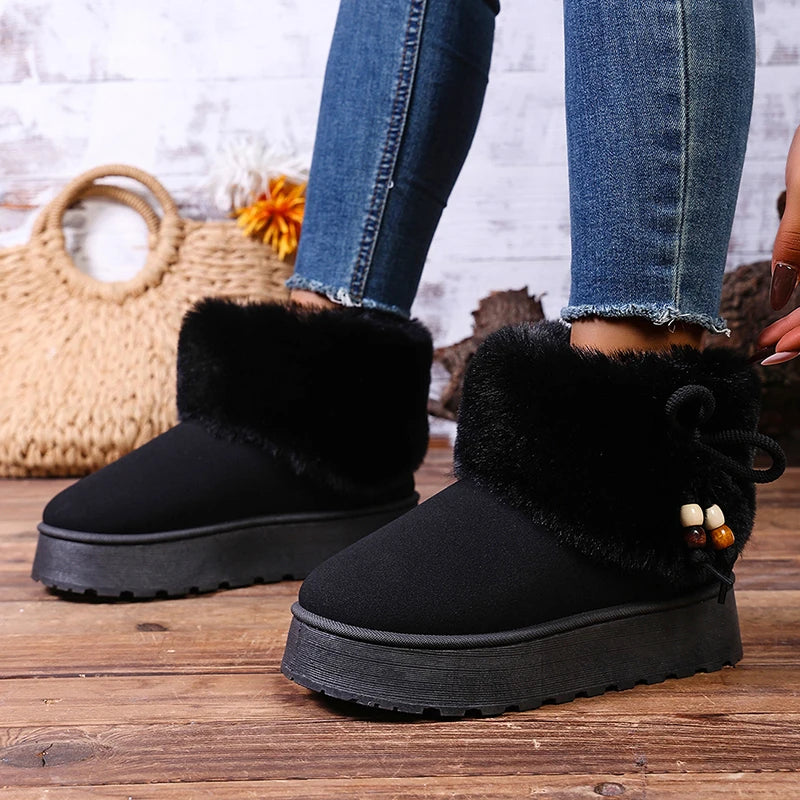 Thick Platform Faux Fur Snow Boots Women Bow Thicken Plush Winter Ankle Boots Woman Plus Size 43 Non Slip Warm Cotton Shoes