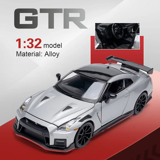 1:32 NISSAN GTR NISOM Car Toys Diecast Alloy Model Sound Light Pull Back Doors Opened Miniature Vehcies Children's Birthday Gift