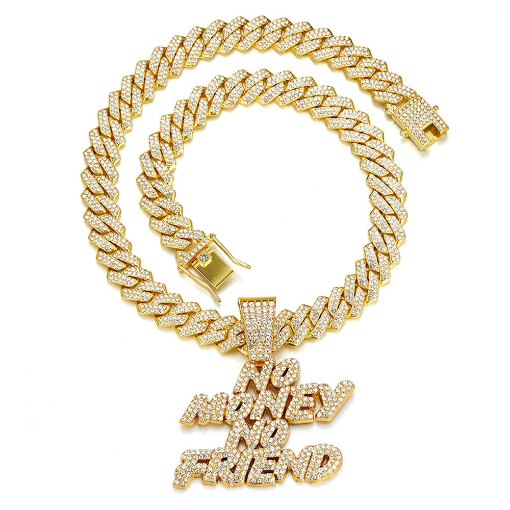 Men Women Hip Hop NO Money No Friend Pendant Necklace with 14mm Cuban Chain HipHop Iced Out Bling Necklaces Fashion Jewelry Gift