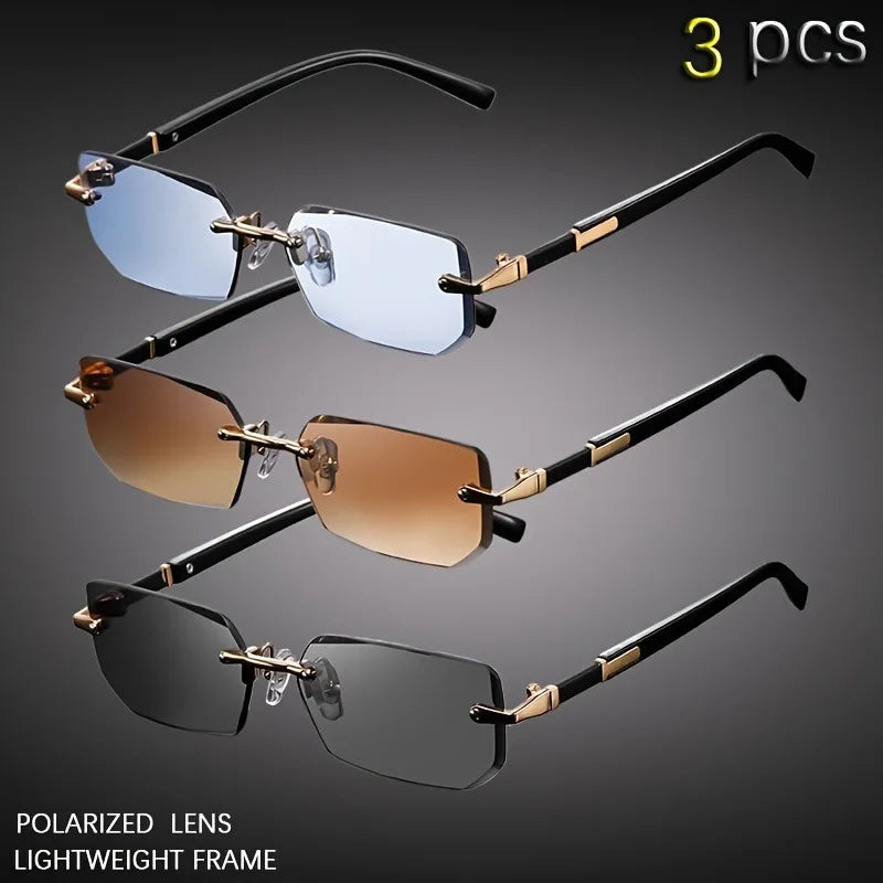 3pcs Fashion Cool Frameless Rectangular Small Frame Metal Glasses for Men, Casual Business School Party Vacation Driving