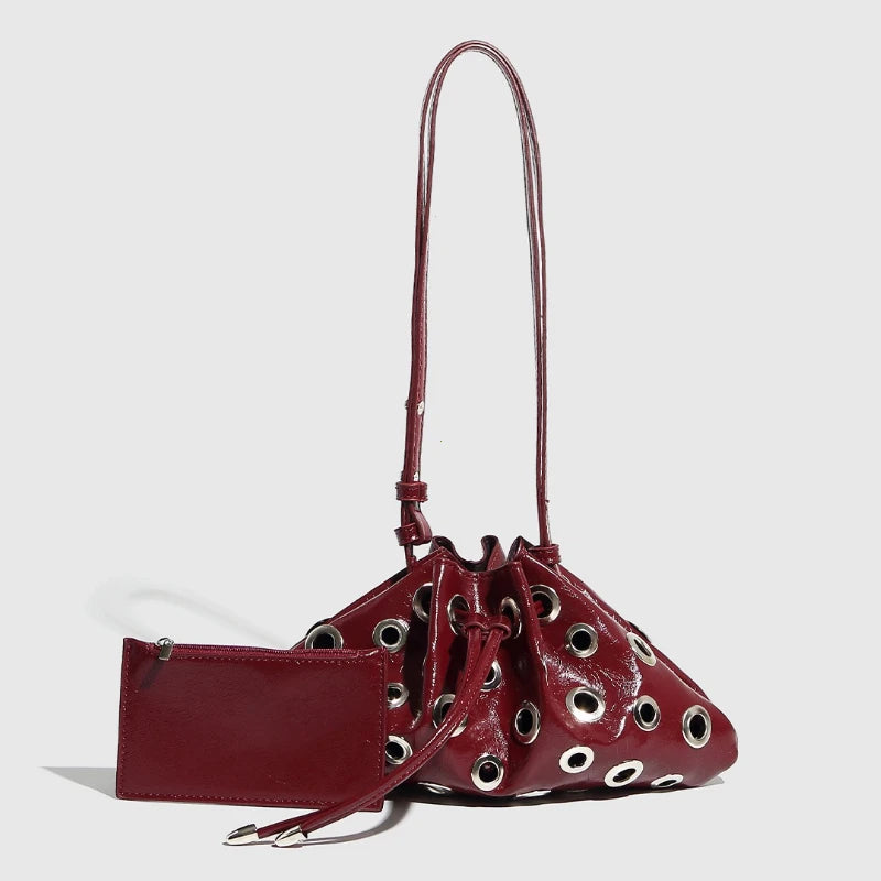 Women Metal Stud Y2k Shoulder Bag Large Capacity Retro Hollow Handbag Drawstring Crossbody Bag Shopping Vacation Handbag