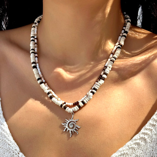 2pcs Boho Coconut Wood Beads Sun Pendant Necklace for Women Ethnic Style Rice Beads Statement Necklace Summer Beach Jewelry Gift