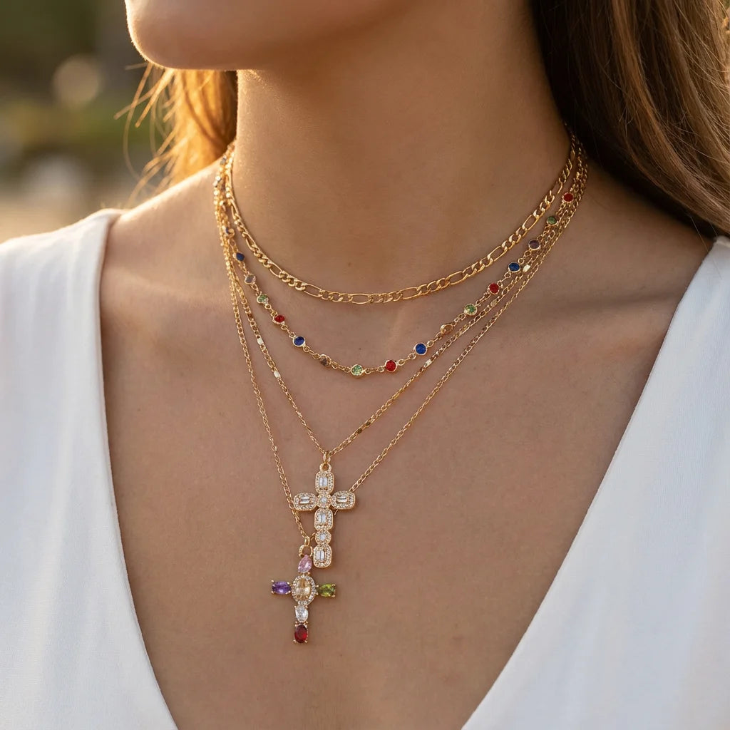 Boho Layered Gold Color Chain Necklace for Women Colorful Crystal Cross Pendant Choker Aesthetics Y2K Trend Jewelry Party Gift