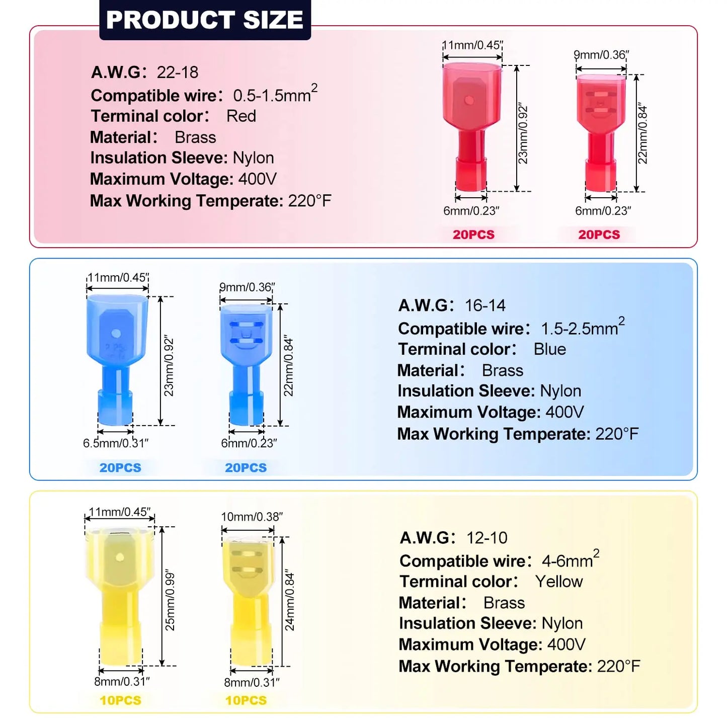 100PCS Nylon Spade Connectors Kit 22-10 Gauge Male and Female Wire Spade Terminal Quick Disconnect Fully Insulated Wire Crimp