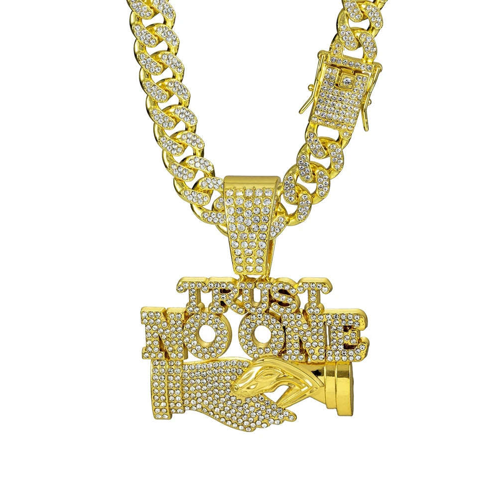 Men's Hip Hop Trust NO One Letters Pendant Necklace with 13mm Cuban Chain Ice Crystal Sparkling Handshake Necklace Jewelry Gifts
