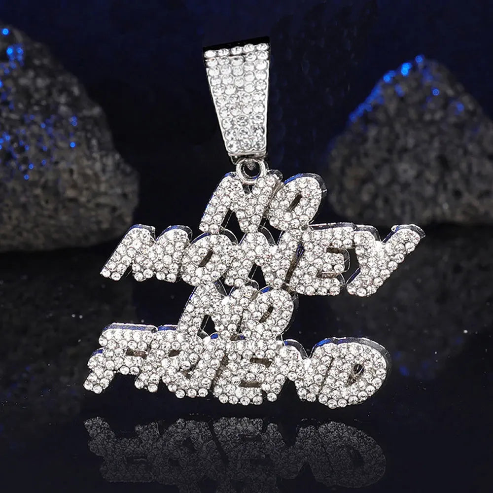 Men Women Hip Hop NO Money No Friend Pendant Necklace with 14mm Cuban Chain HipHop Iced Out Bling Necklaces Fashion Jewelry Gift