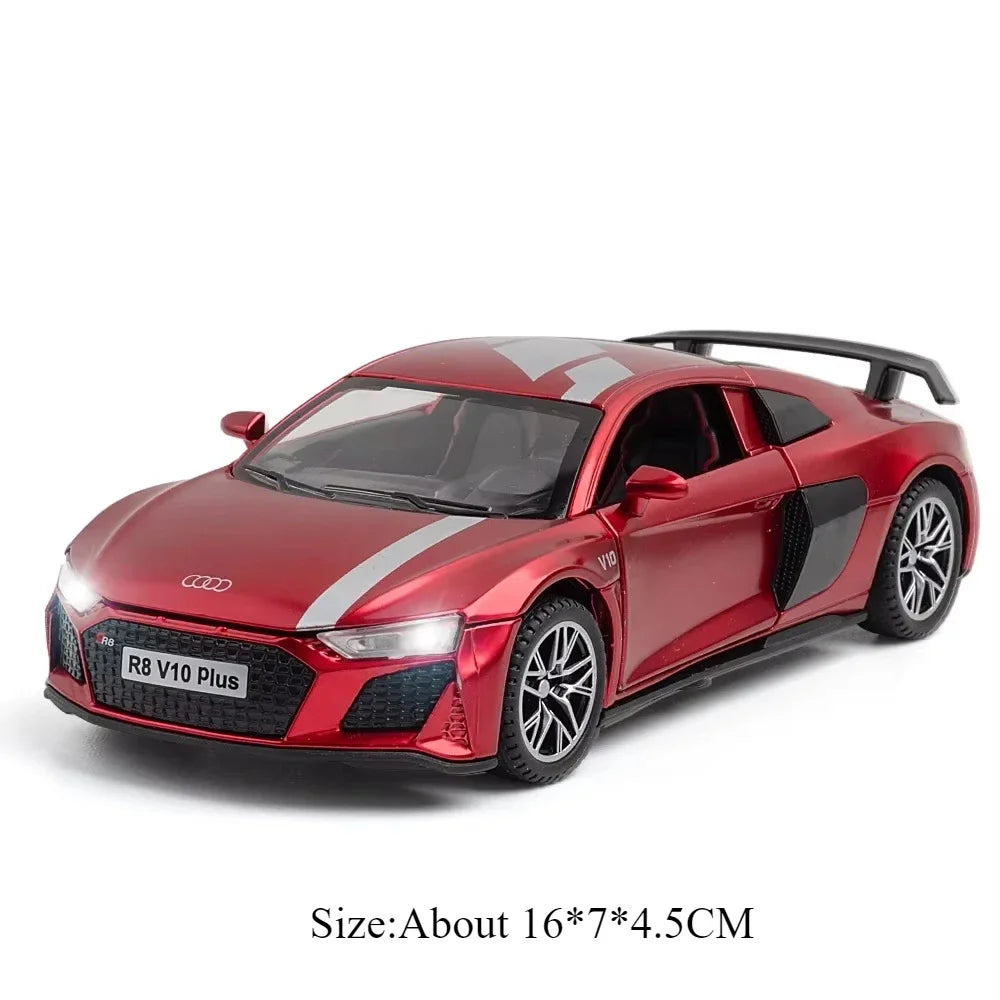 1:32 R8 V10 PLUS E-TRON Car Model Toys Alloy Diecast Vehicles Rubber Tires with Sound Light Pull Back Toy Birthday Gifts for Kid