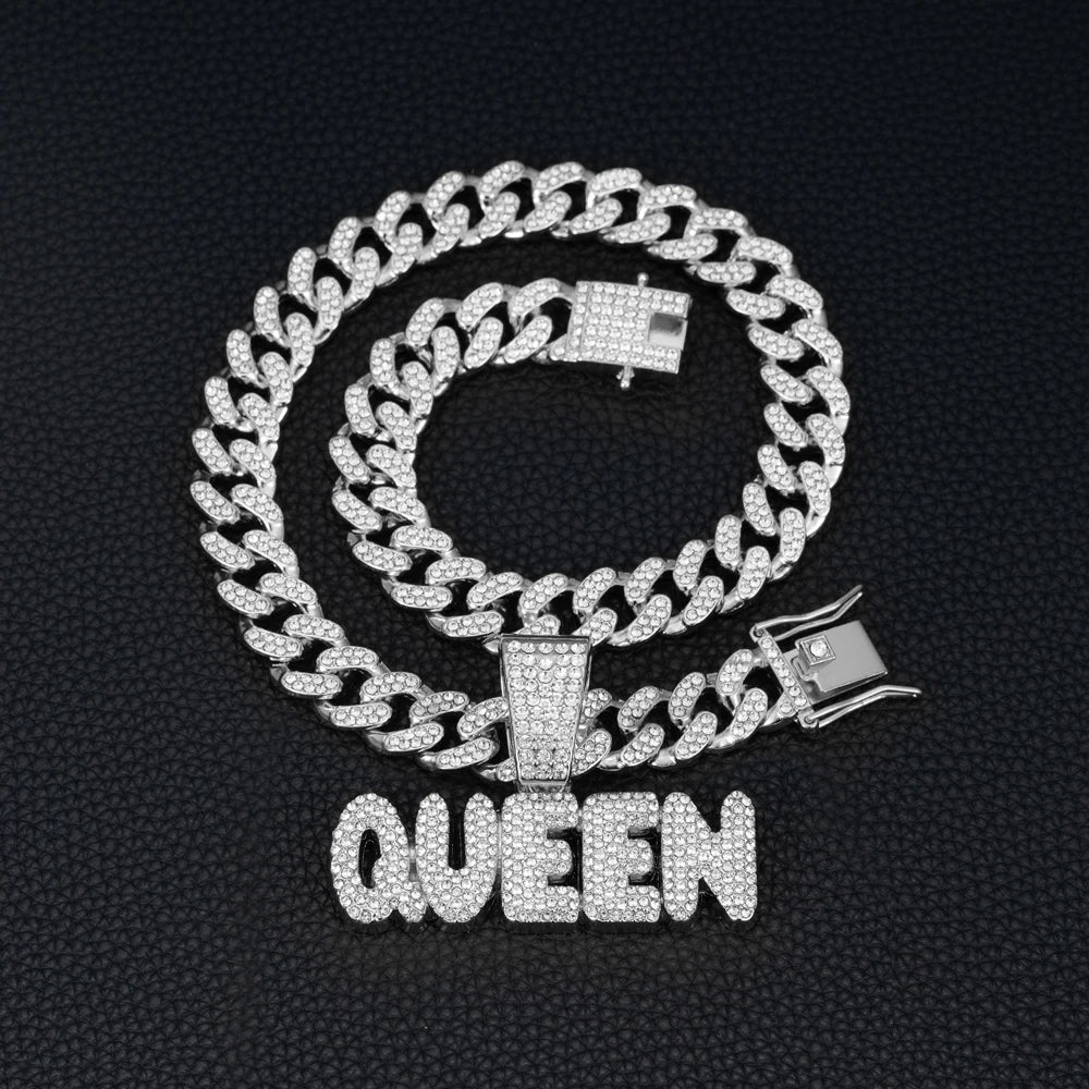 Hip Hop Letter QUEEN Pendant Pave Rhinestone With 13mm Cuban Chain Necklace For Men Fashion Iced Out Crystal Letter Jewelry Gift