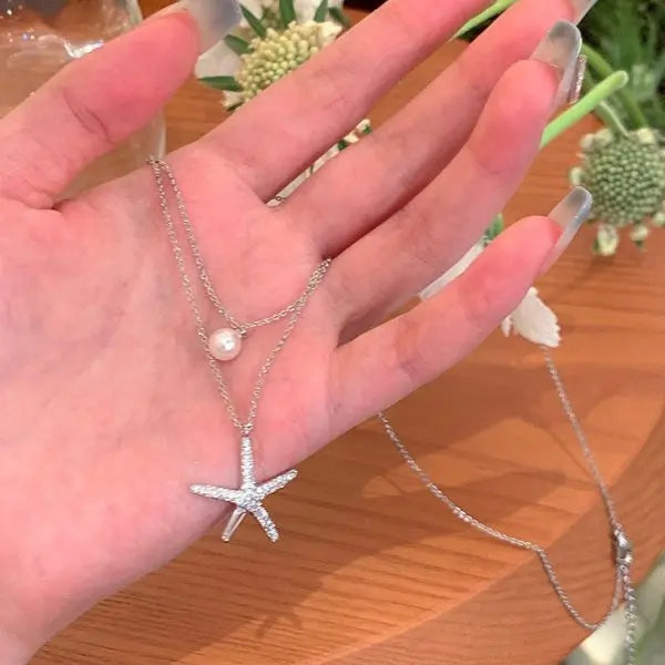 Summer Beach Shell Starfish Pendant Necklace for Women Girls Elegant Imitation Pearl Clavicle Chain Vacation Jewelry Accessories