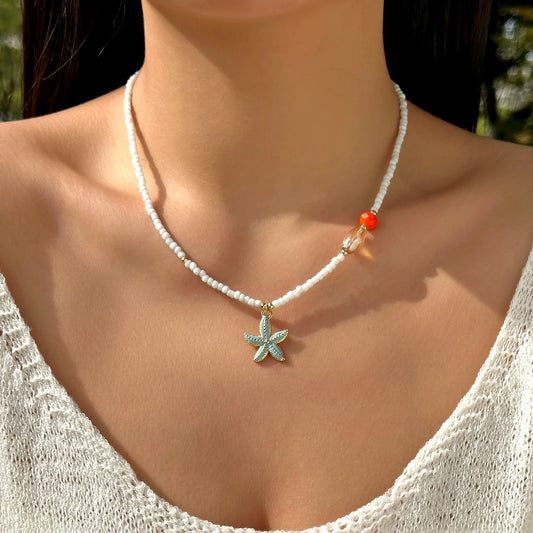 Charming Ceramic Fish Conch Starfish Pendant Necklace for Women Boho Colorful Acrylic Beads Choker Necklace Summer Beach Jewelry