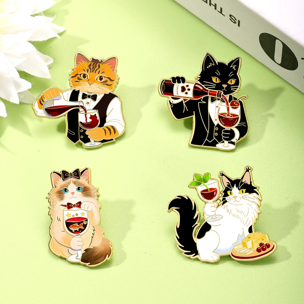 Funny Gentleman Cat Enamel Pins Wine & Cheese Themed Cute Animal Brooches Cute Waiter Kitty Lapel Badges Backpack Jewelry Gifts