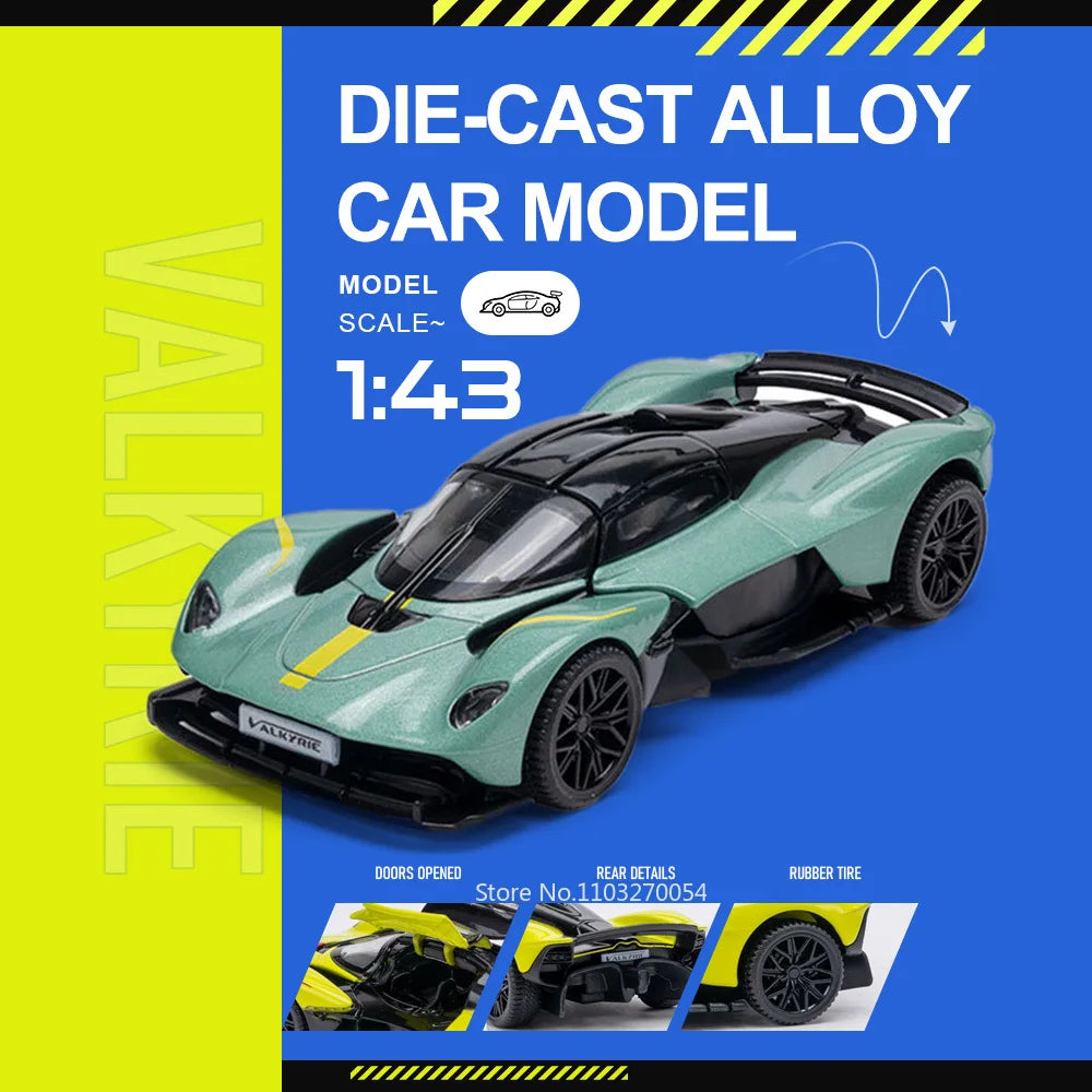 1:43 Scale Valkyrie V12 Miniature Model Alloy Diecast Car Toys Rubbre Tires Doors Opened Metal Body Vehice Gift with Acrylic Box
