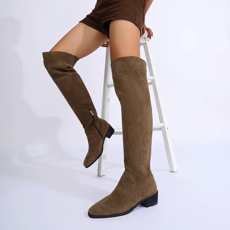 Fashion Thick Heels Over The Knee Boots Women Autumn Winter Zippers Vintage Long Botas Mujer Stretch Slim High Tube Boots 2025