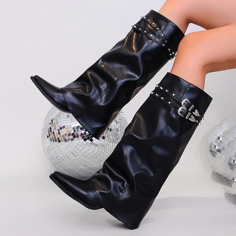 Fashion Belt Buckle Pointed Toe Knee High Boots Women Punk High Heel Black Pu Leather Botas Mujer 2026 Wide Leg Riding Boots