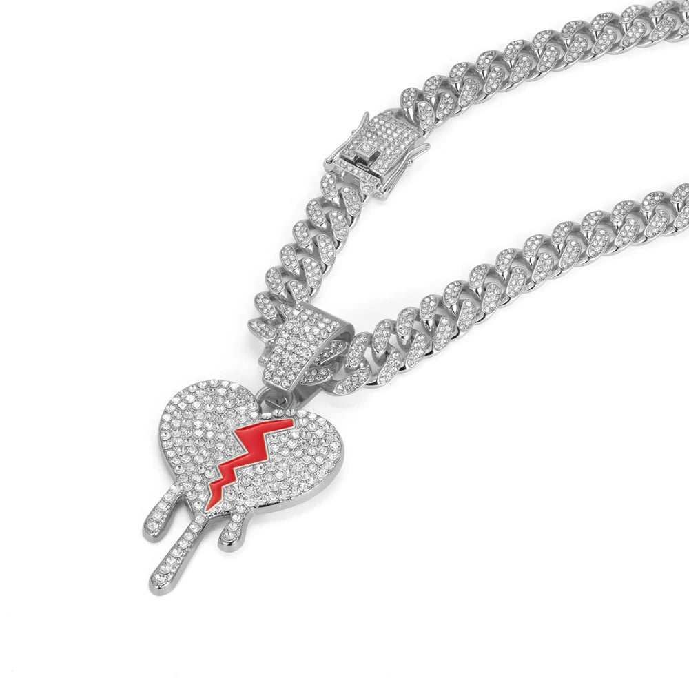 Hip Hop Iced Out Broken Heart Pendants Necklace with Miami Cuban Link Chain Heartbreak Necklaces Men Women Rapper Charm Jewelry