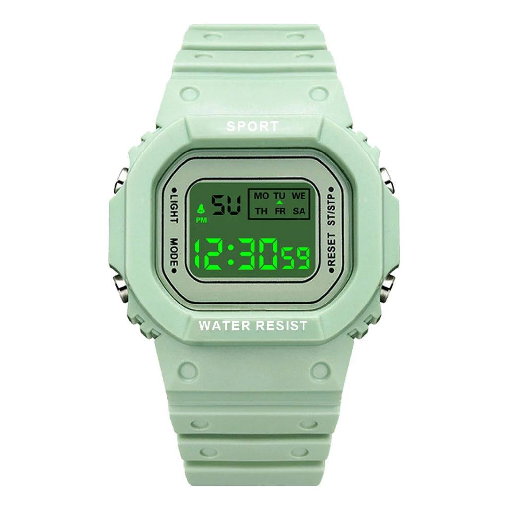 Green Sports Watch, LED Square Digital, Waterproof Rubber Men, Women
