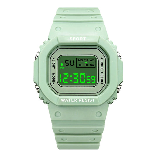 Green Sports Watch, LED Square Digital, Waterproof Rubber Men, Women