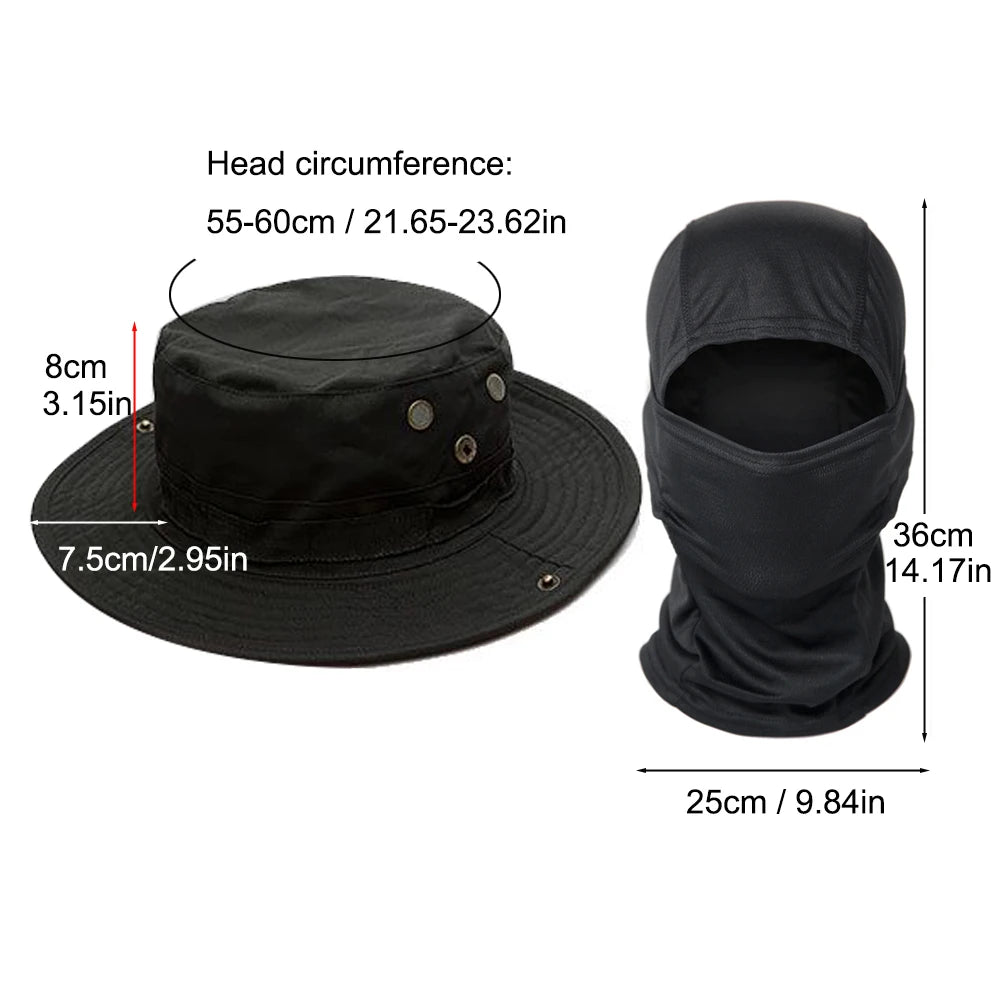 2Pcs Wide Brim Hat & Balaclava Set Men Outdoor Sun Boonie Cap Hiking Fishing Hat