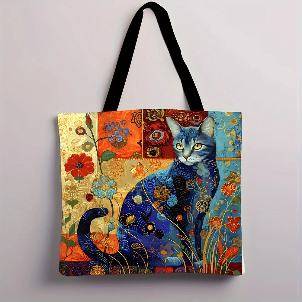 Abstract Cat Tote Bag, Cute Quirky Small Animal Shoulder Bag, Linen Eco Handbag
