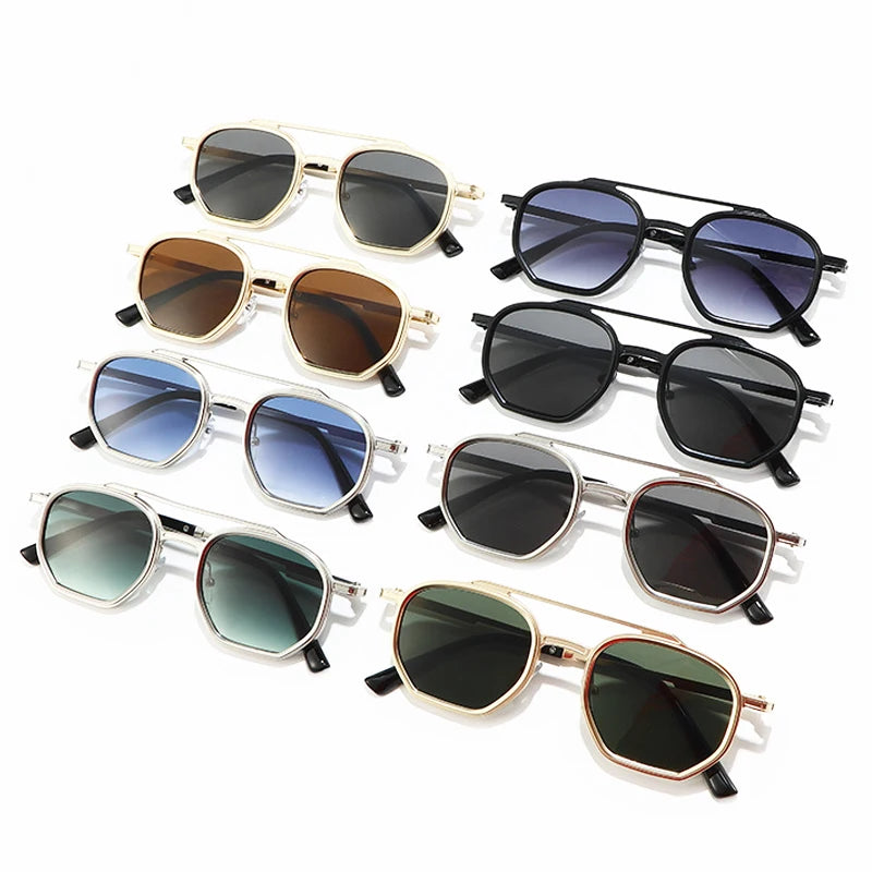 JNPCXI New Retro Double Bridges Men Polygon Small Square Sunglasses Fashion Clear Ocean Gradient Lens Eyewear Women Metal Frame