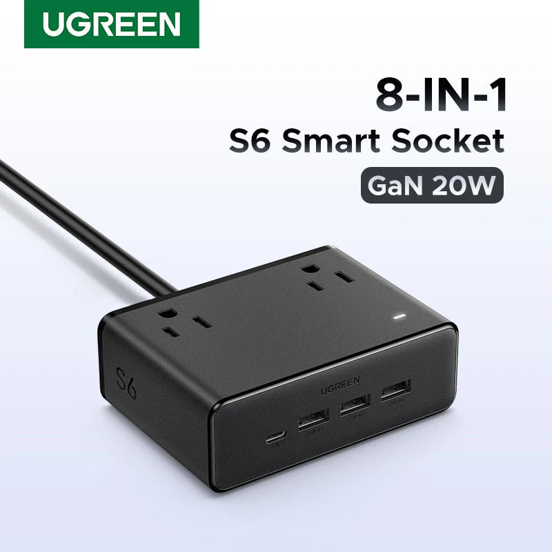 6in1 Power Strip UK/US Plug 2 AC 3 USB-A 1 USB-C 2990W 13A 250V Surge Protector