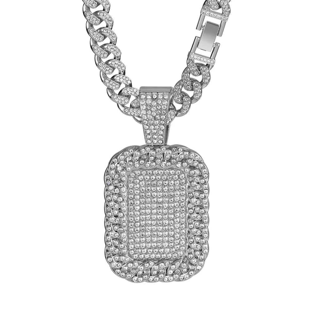 Hip Hop Luxury Big Square Pendant Necklace Set Men's Cuban Chain Iced Out Bling Rock Party Necklaces Birthday Gift Charm Jewelry