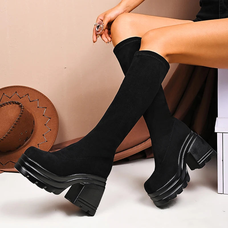 New Women's Chunky Platform Knee-High Boots Thick High Heels Punk Long Boots Woman Plus Size Slim Stretch Autumn Winter Boots