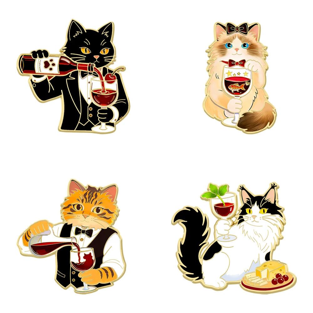 Funny Gentleman Cat Enamel Pins Wine & Cheese Themed Cute Animal Brooches Cute Waiter Kitty Lapel Badges Backpack Jewelry Gifts
