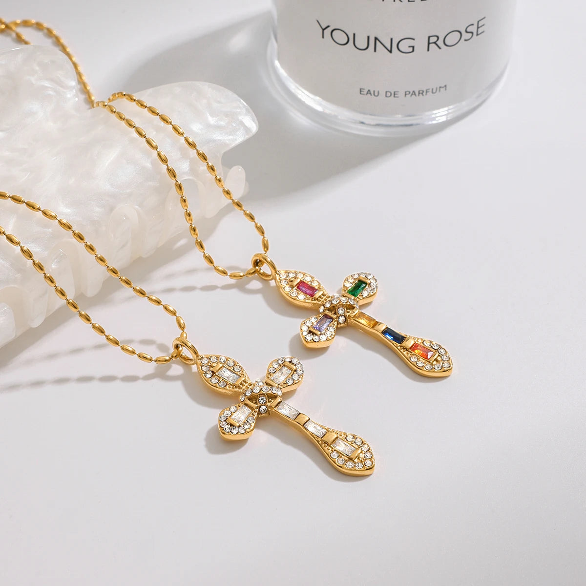 Uworld Retro Zircon Cross Pendant Necklace 18K Gold Color Plated Stainless Steel Colorful Zircon Cross Pendant Necklace Women's