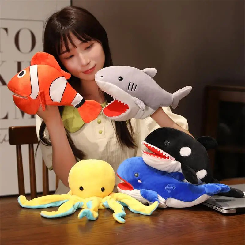 Ocean Series Plush Hand Puppet Cute Animal Chameleon Crocodile Shark Blue Whale Clownfish Octopus Stuffed Soothe Baby Toys Boy