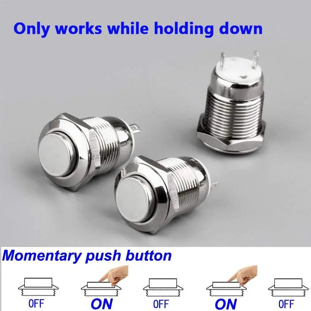 6/12pcs 12mm Momentary Push Button Switch 12V Waterproof Power Pushbutton Small Round Chrome Stainless Metal 2pin N/O