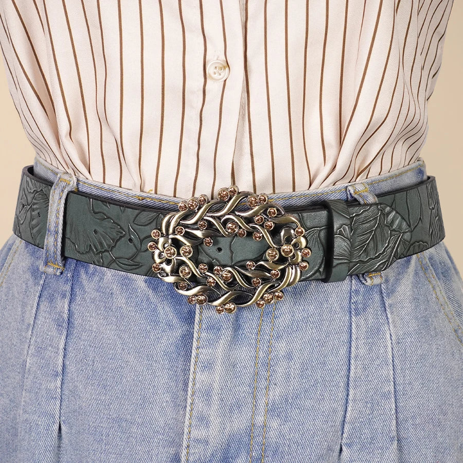 Deep Green Leaf Pattern Printed Women's Belt Vine Pattern Buckle Retro Casual Belt Jeans Dress Decoration
