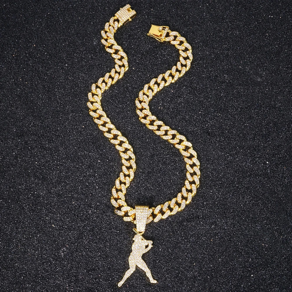 Hip Hop Baseball Pendant Fashion Sport Style Necklace with 13mm Cuban Chain Baseball Player Pendant Trendy Men's Party Jewelry