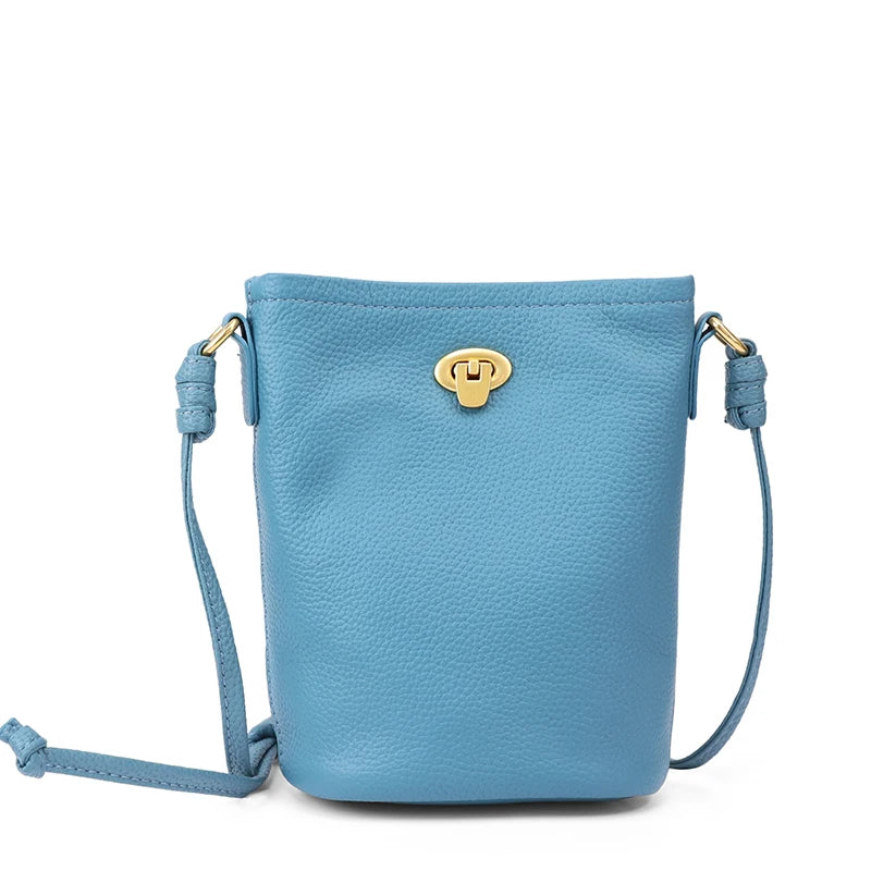 Women's Genuine Leather Mini Crossbody Bag Ladies' Waxed Cowhide Vintage Shoulder Bag Brand Small Chic Cellphone Bucket Bag