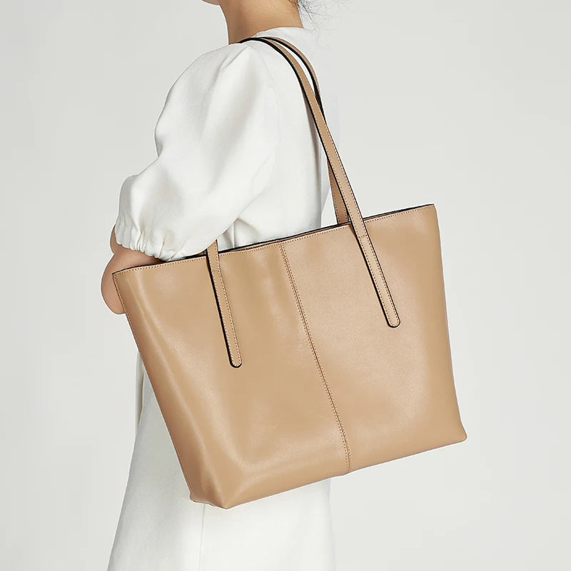 Genuine Cowhide Leather Tote Bag for Women Minimalist Large Capacity Shoulder Bag for Work & Daily Fashion Soft Leather Handbags