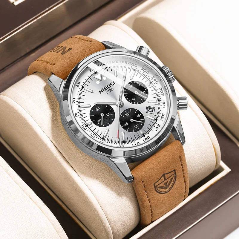 NIBOSI Men Watch Luxury Sports Waterproof Leather Clock Chronograph Watches 3
