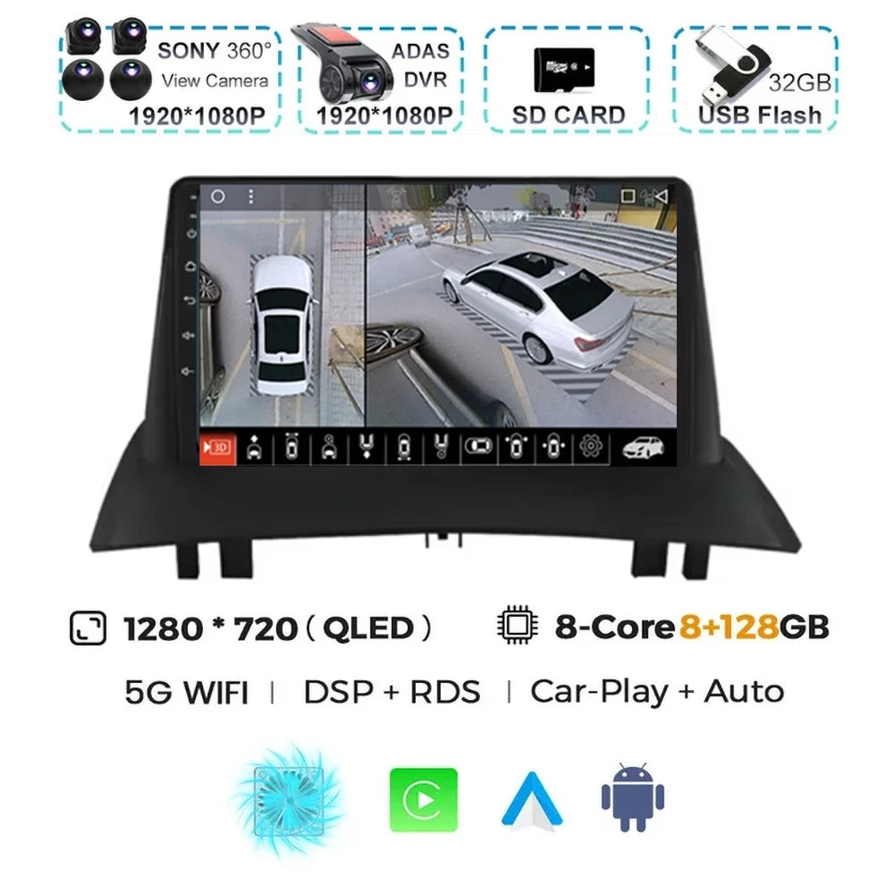 For Renault Megane 2 2002-2009 2K QLED Android 15 Android Car Radio Multimedia Video Player GPS Stereo CarPlay 4G Navigationv BT