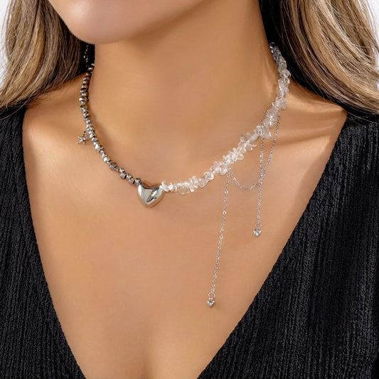 Y2K Heart Tassel Beaded Choker Necklace for Women Boho Irregular Crystal Class Gravel Clavicle Chain Elegant Fashion Jewelry