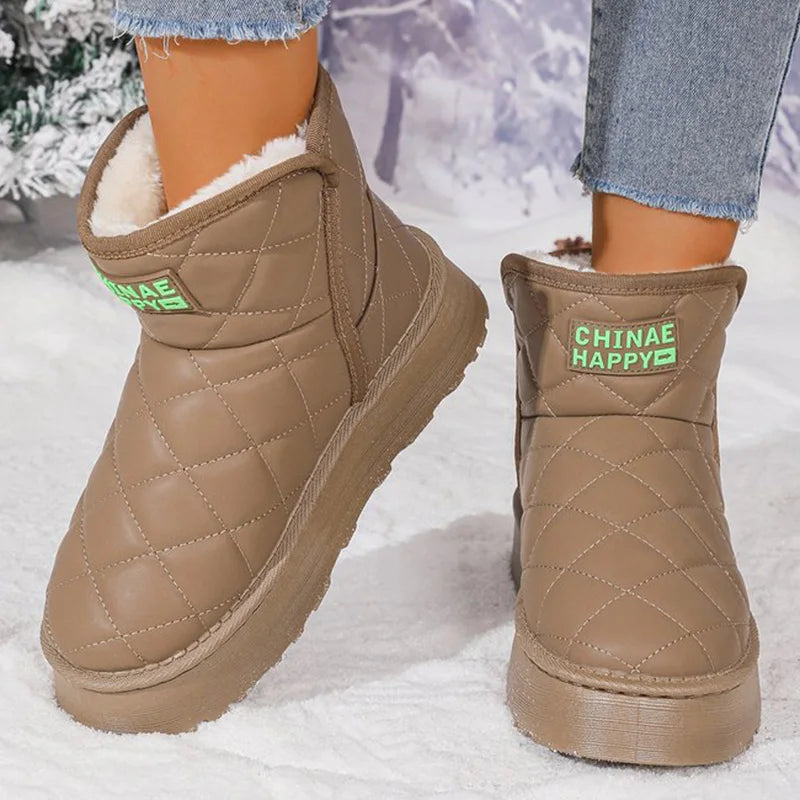 Khaki Platform Snow Boots for Women 2025 Winter New Non Slip Plush Warm Botas for Woman Korean Pu Leather Snow Boots Female