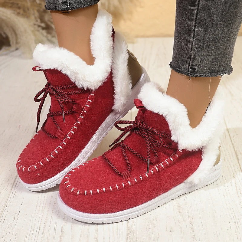 Red Thick Plush Lace Up Snow Boots Women Plus Size 43 Non Slip Sole Cotton Shoes Woman Comfortable Warm Fluffy Winter Boots