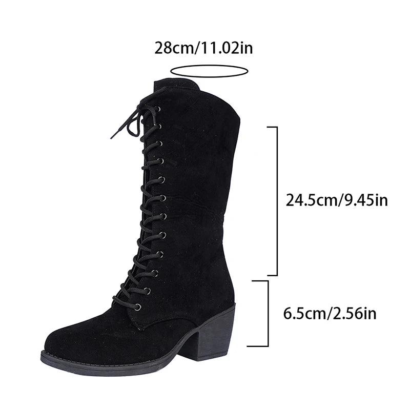 Cross Lace Up High Heel Mid Calf Boots Women Vintage Pointed Toe Flock Long Botas Mujer Plus Size 43 Thick Heels Western Boots