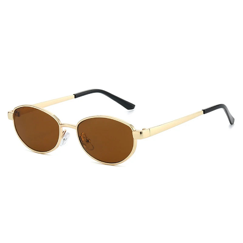 JNPCXI Retro Oval Metal Women Sunglasses Fashion Gold Tea Punk Men Shades UV400