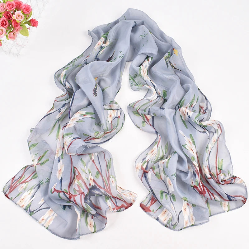New Fresh Spring Peach Blossom Printed Chiffon Women's Long Scarves Wholesale Thin Sun Protection Women's Scarves
