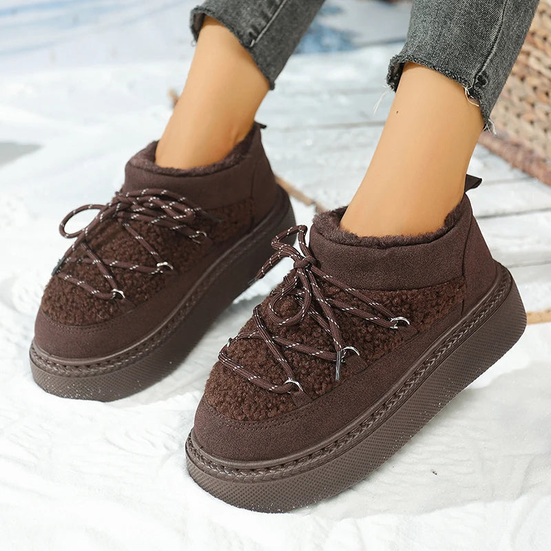 Fashion Lace Up Platform Snow Boots Women 2025 Thicken Plush Warm Winter Boots Woman Thick Sole Non Slip Cotton Padded Shoes