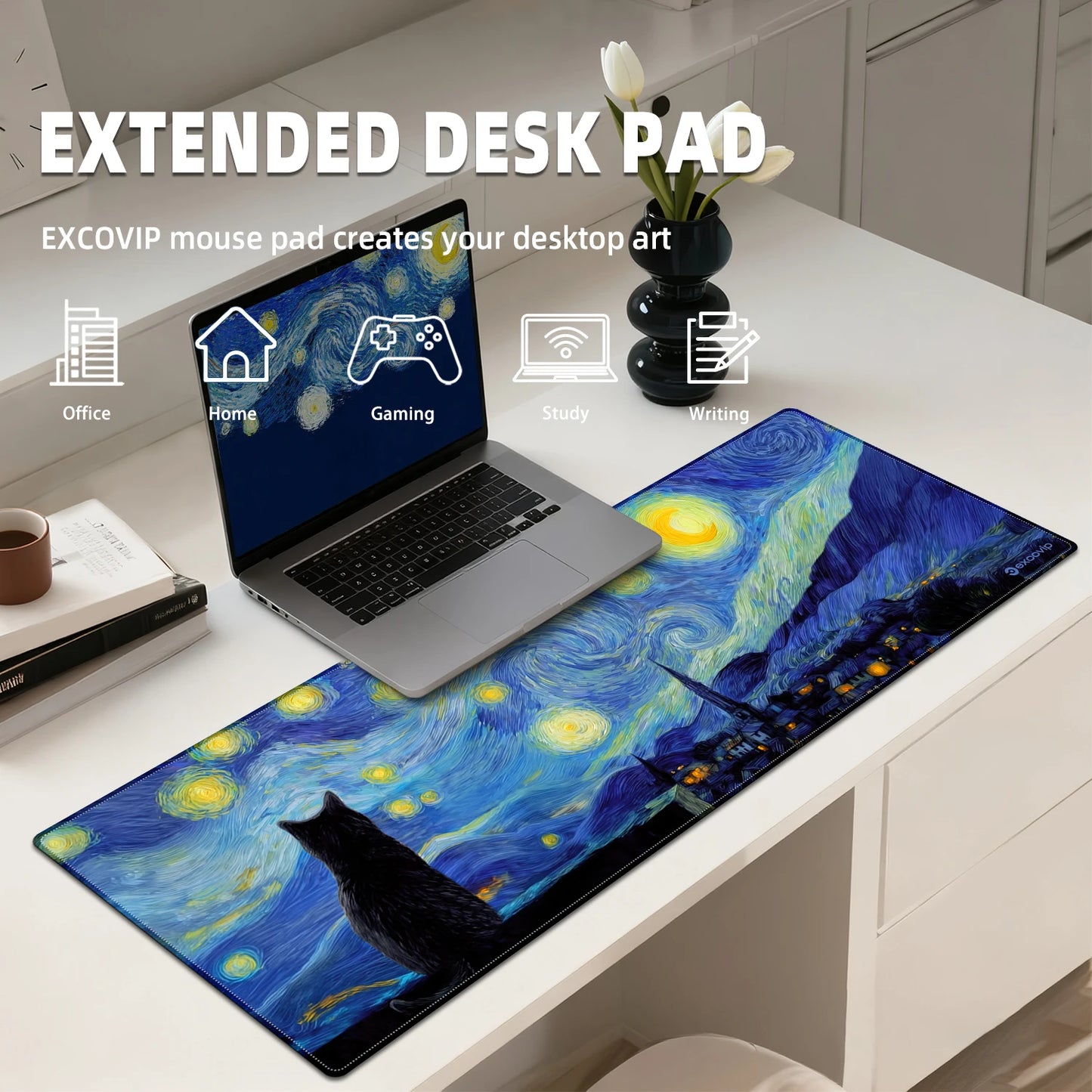 EXCO Cat Gaming Mouse Pad Large Computer Desk Mat with Stitched Edge Non-Slip Rubber Base Keyboard Mousepad for Office Home