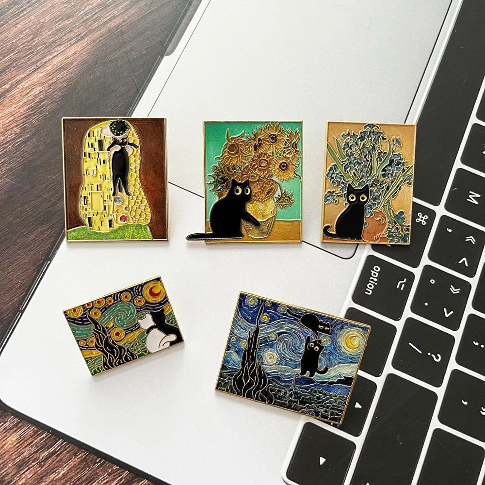5pcs Famous Painting Black Cat Enamel Pins Set Aesthetic Vintage Sunflower Art Brooches Badge Pins for Backpack fans Collectible